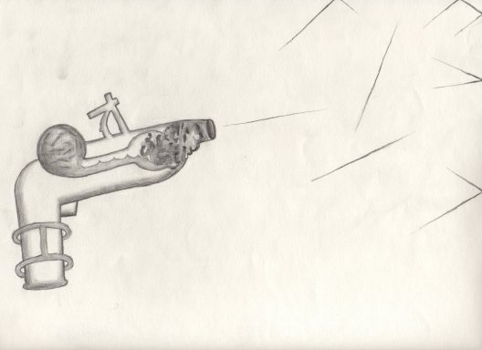 This is some sort of gun I drew. The sphere on the top left of the gun is supposed to be filled with a spongy substance, and be pouring some sort of liquid into another spongy section in the front of the gun. I don't know how it's supposed to work (in real life, if it existed), but, in my opinion, it looks cool. The top right of the drawing is shots from the gun, ricocheting off the edges of the paper.