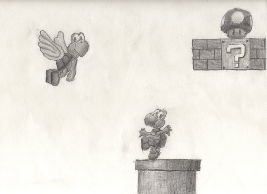 This was a picture in an ad for New Super Mario Bros. I left out a lot of the characters/items in it and only drew the parts I liked. Also, I shifted around the position of some of the characters/items