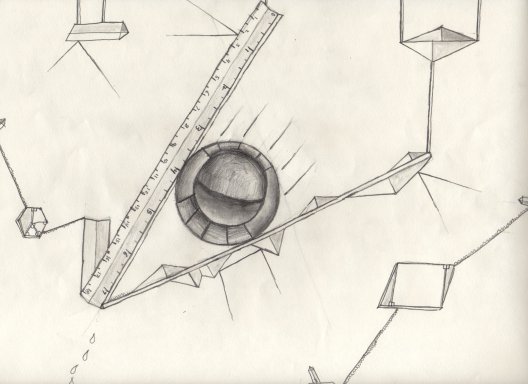 First I drew a sphere with some funky shading. Then I drew a ruler next to it, another line that the sphere sits on, and added some pyramids. I honestly have no clue what it is.