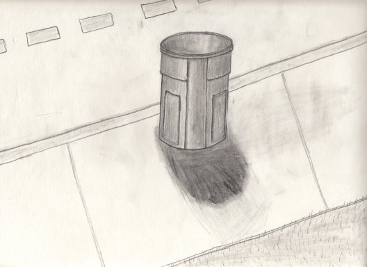 This is a trash can. I thought the trash can had a very interesting design, so I decided to draw it. Before I added the sidewalk and road, it looked like some sort of gun or cannon.