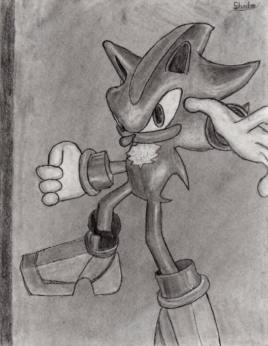 Shadow the Hedgehog. This one took a long time to draw, and I'm pretty happy with how it came out. I photocopied the original outline before shading it, and the photocopier added the black line on the left for some reason. I think it makes it look better.
