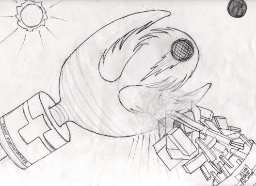 This is a flame thrower (Flaamethrowerr) and an ice gun (FreaseBlazter) canceling each other out. There is the moon in the top right corner, and the sun in the top left corner. There were a few more details on the edges of the paper, but the paper was too large to fully scan.
