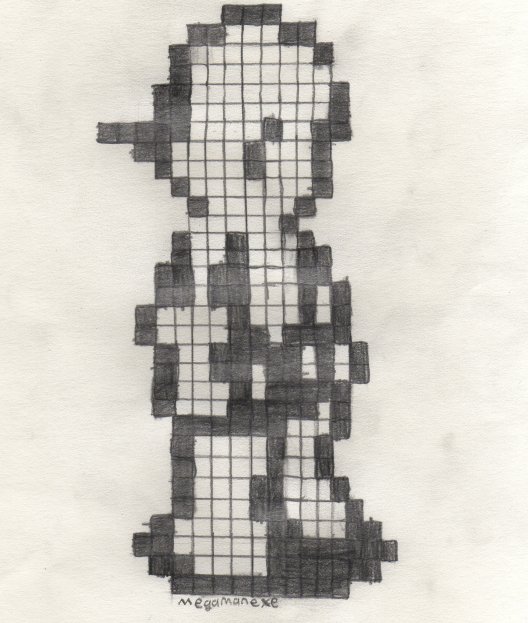 This is a drawing of a very small sprite of Megaman.EXE. The pixels that would have been gray were rounded off to black or white. I accidently left out the 4th to last row of pixels, but hopefully no one will notice. =)