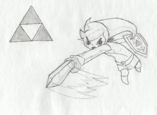 Toon Link from LoZ: The Wind Waker. The lines showing motion of the sword went all the way around him in the original image, but I wasn't able to make that look right, so I made them shorter. The lines on his body are supposed to be contour lines, because I decided not to shade him.