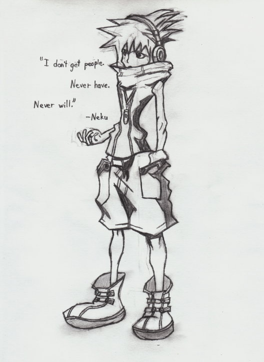 Neku from The World Ends With You. I like how this drawing came out. The quote, I don't get people. Never have. Never will. is used in the beginning of the game, in the intro.