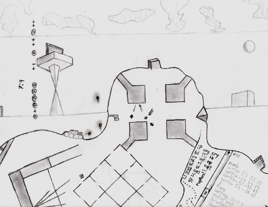This drawing shows various objects from BZFlag. Under the horizontal[ish] line crossing the drawing, there are radar views of various maps. In the center of the drawing is the center of Hix; downward is the radar of my map Twilight House. In the bottom-left, you can see the corner of my map Shooting Gallery. The bottom right corner shows some common chat acronyms, a scroll bar and some bzw code. The top left shows the player list. Titled Psychedelic BZFlag.