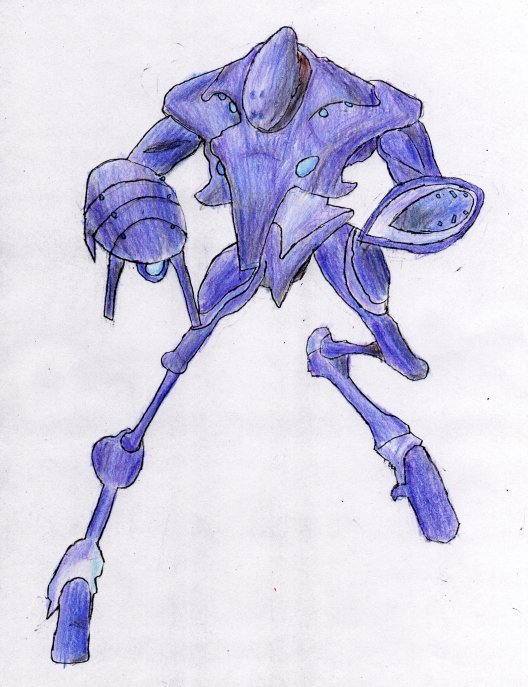 Noxus from Metroid Prime games. I drew the outline in pencil, photocopied it, and then colored it in with mixed colored pencils. I went over the entire thing with a white colored pencil to blend the colors together.