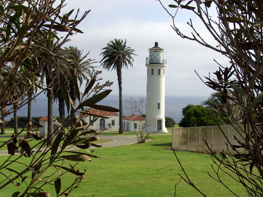 A lighthouse, taken with the camera's lens sticking through a chain link fence. However, I do like the bushes in the way of the photo -- in my opinion, they make it look more unique.